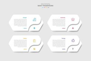 BANT framework for infographic with drop shadow style with long hexagon shape with swirl curve slice at bottom with 4 point list information vector