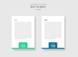 buy vs rent comparison for infographic with vertical box with badge on bottom drop shadow style with two point list information vector