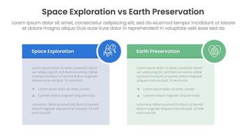 space exploration vs earth preservation comparison concept for infographic template banner with table box and circle badge with two point list information vector