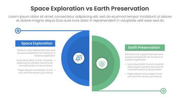 space exploration vs earth preservation comparison concept for infographic template banner with big slice half circle with line separation with two point list information vector