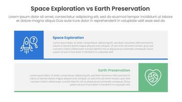 space exploration vs earth preservation comparison concept for infographic template banner with long rectangle box horizontal stack with two point list information vector