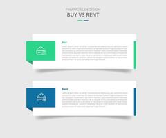 buy vs rent comparison for infographic with big rectangle box container with badge on side drop shadow style with two point list information vector