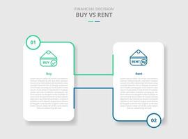 buy vs rent comparison for infographic with vertical box connect or linked by line drop shadow style with two point list information vector