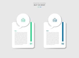 buy vs rent comparison for infographic with callout discussion box on top of round vertical box drop shadow style with two point list information vector