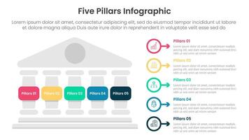 Five pillars framework with ancient classic construction infographic with 5 point stage template with left column and outline circle arrow for slide presentation vector