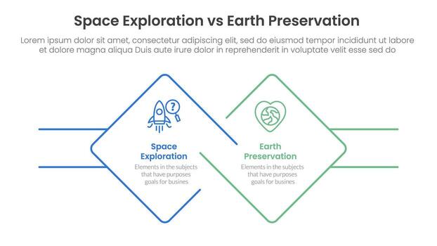 space exploration vs earth preservation comparison concept for infographic template banner with diamond outline shape and rectangle with two point list information vector