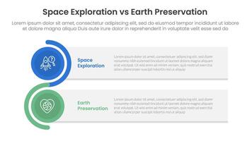 space exploration vs earth preservation comparison concept for infographic template banner with rectangle box stack and circle wave with two point list information vector