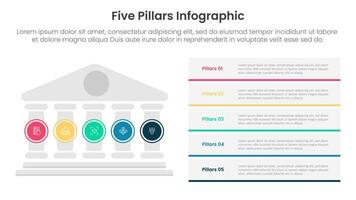 Five pillars framework with ancient classic construction infographic with 5 point stage template with pillars on left and rectangle box stack for slide presentation vector