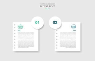 buy vs rent comparison for infographic with paper page with big circle badge on edge with drop shadow style with two point list information vector