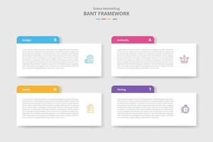 BANT framework for infographic with drop shadow style with rectangle box with round header badge with 4 point list information vector