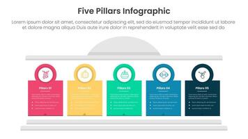 Five pillars framework with ancient classic construction infographic with 5 point stage template with creative block pillar and circle badge outline for slide presentation vector