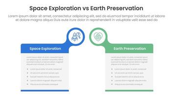 space exploration vs earth preservation comparison concept for infographic template banner with big box table with bubble circle header badge with two point list information vector