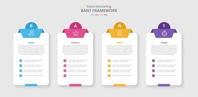 BANT framework for infographic with drop shadow style with box table container with checklist and circle badge top with 4 point list information vector