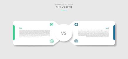 buy vs rent comparison for infographic with round box container with circle center opposite direction drop shadow style with two point list information vector