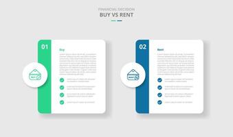 buy vs rent comparison for infographic with round box container with circle badge and list side badge drop shadow style with two point list information vector