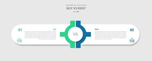 buy vs rent comparison for infographic with round rectangle box container with gear center system drop shadow style with two point list information vector