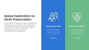 space exploration vs earth preservation comparison concept for infographic template banner with big column banner on right layout with two point list information vector