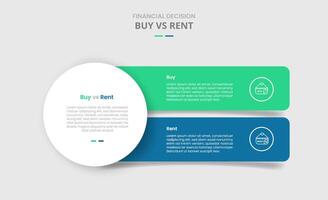 buy vs rent comparison for infographic with big circle and round box rectangle stack vertical drop shadow style with two point list information vector