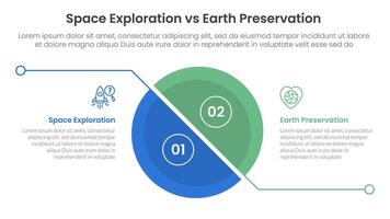 space exploration vs earth preservation comparison concept for infographic template banner with big unbalance skew slice half circle with line separation with two point list information vector