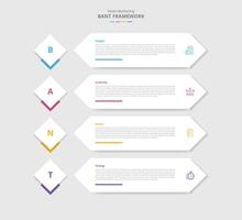 BANT framework for infographic with drop shadow style with diamond badge and long arrow rectangle on stacked list with 4 point list information vector
