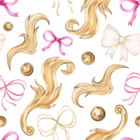 Watercolor seamless pattern with golden monograms and bows. Print for wrapping paper, textile, background and wallpaper design. Golden monograms, beads and fabric bows. png