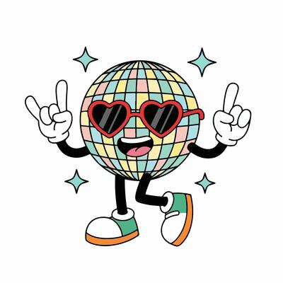 A disco ball character wearing sunglasses and a heart, radiating a fun and vibrant atmosphere.