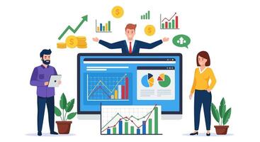 Flat Design Illustration of Business Team Analyzing Financial Data on Desktop Monitor with Floating Charts, Coins, and Growth Icons Representing Market Strategy and Team Collaboration vector