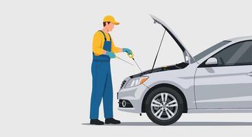 illustration of a young male mechanic in yellow and blue workwear inspecting the oil level of a light gray car with its hood open vector