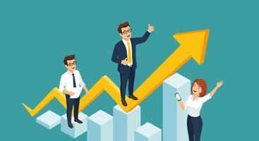 Flat Overhead Illustration of Business Team Celebrating Growth on Bar Graph with Upward Arrow vector
