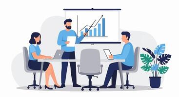 Flat Design Illustration of Three Young Adults in a Business Meeting with Presentation Screen, Laptop, and Tablet Representing Team Collaboration and Data Sharing in Modern Office vector