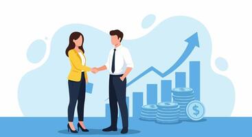 Flat Design Illustration of Young Businesswoman and Businessman Shaking Hands in Front of Financial Growth Chart and Coin Stacks Representing Successful Partnership and Economic Progress vector