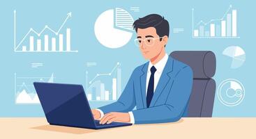 Flat Design Illustration of Young Businessman Typing on Laptop at Desk with Abstract Financial Charts in Background Representing Data Analysis and Professional Work Environment vector