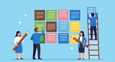 Flat Design Illustration of Team Collaborating on Colorful Sticky Notes with Giant Pencils vector