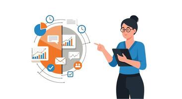 Flat Design Illustration of Businesswoman Holding Tablet and Pointing Toward Floating Charts and Icons Representing Data Visualization, Communication, and Task Management vector