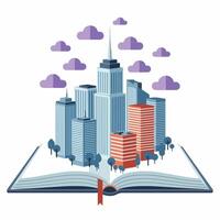 Creative flat illustration depicting an open book with a textured dark blue-gray cover and light cream pages vector