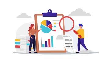 Flat Design Illustration of Two People Analyzing Financial Charts and Oversized Receipt on Large Clipboard with Cloud Background in Minimal Cartoon Style vector