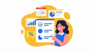 Smiling Woman Illustrating Progress Checklist with Analytics and Calendar Icons in Flat Cartoon Style on White Background vector
