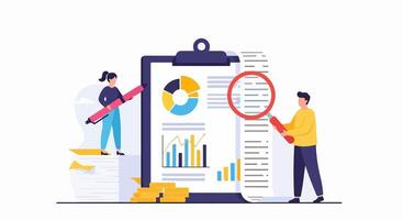 Flat Design Illustration of Man and Woman Analyzing Financial Report on Clipboard with Charts, Scroll, and Coins in Minimal Style on White Background vector