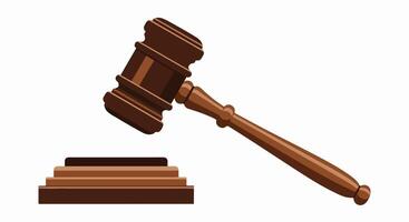 Minimalist flat illustration of a gavel poised above a sound block, rendered in dark and light brown tones with clean, graphic lines vector
