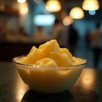 Serving Frozen Dessert in Glass Bowl on Table Indoors photo