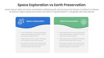 space exploration vs earth preservation comparison concept for infographic template banner with wave swirl curve table box with two point list information vector