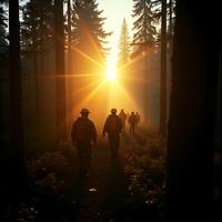 Group Hiking Through Forest at Sunset with Protective Gear photo