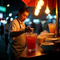 Person Mixing Drink at Night Food Stall with Lights photo