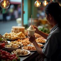 Enjoying Shaved Ice at Outdoor Food Stall with Various Appetizers photo