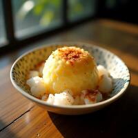 Serving of Pudding Dessert with Topping in Bowl photo