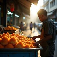 Man Arranging Food at Outdoor Market Stall in Asia photo