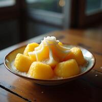 Serving Mango and Sticky Rice Dessert on Wooden Table photo