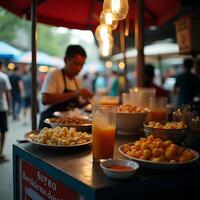 Enjoying Food and Drink at a Busy Street Market photo