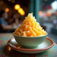 Orange Shaved Ice Dessert in Bowl on Table Close-up photo