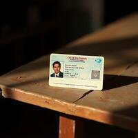 Identification Card Displayed on a Wooden Surface with Light and Shadows photo
